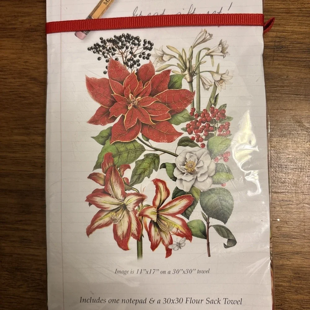 Mary Lake Thompson Holiday Flour Sack Towel & Note Pad Cardinal & Poinsettia NIP